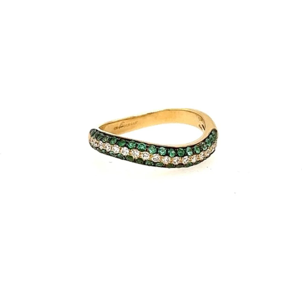 18K Yellow Gold Bypass Band Ring with Round Emeralds and Diamonds by Afarin