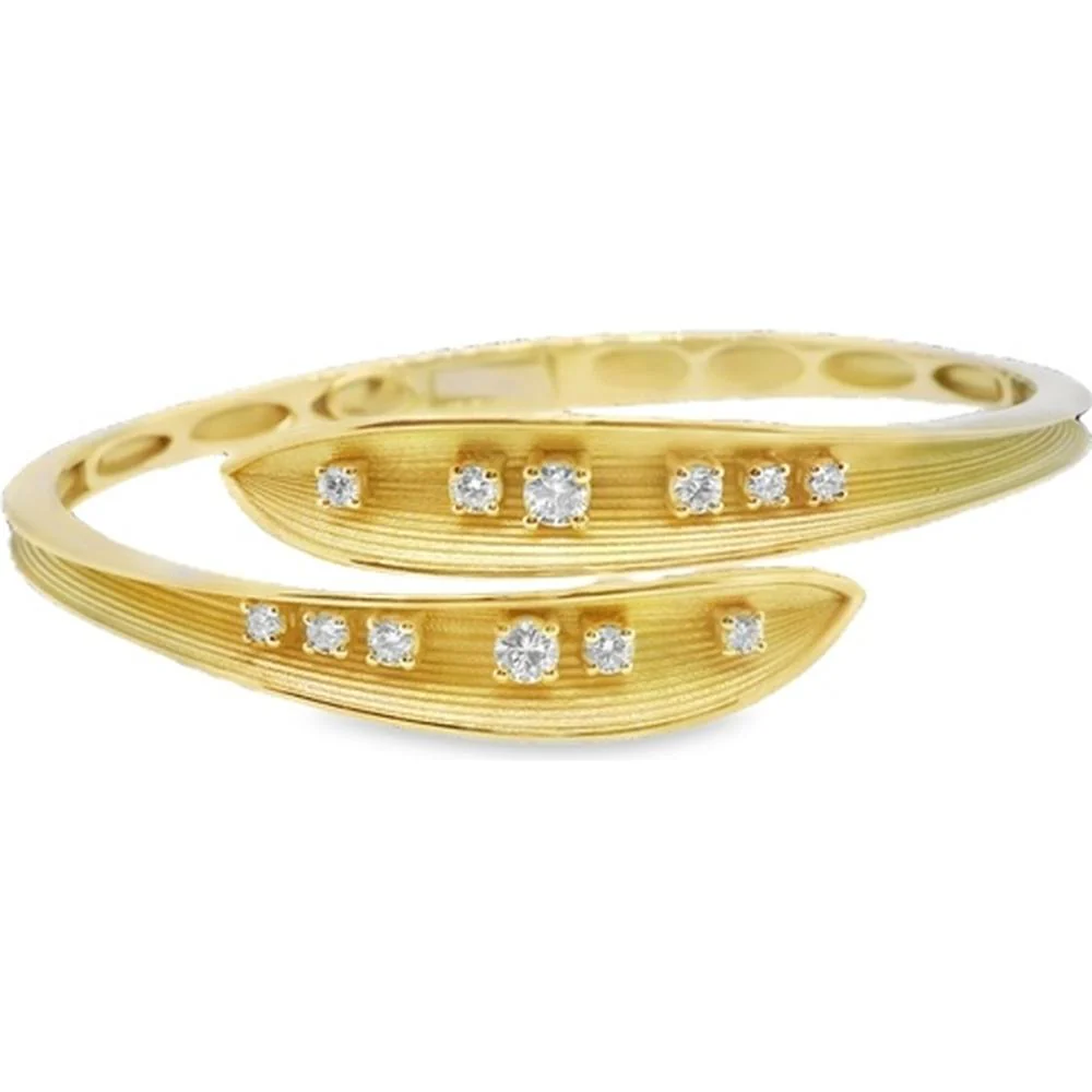 18K Yellow Gold Bypass Bangle Bracelet with Round Diamond Accents by Afarin
