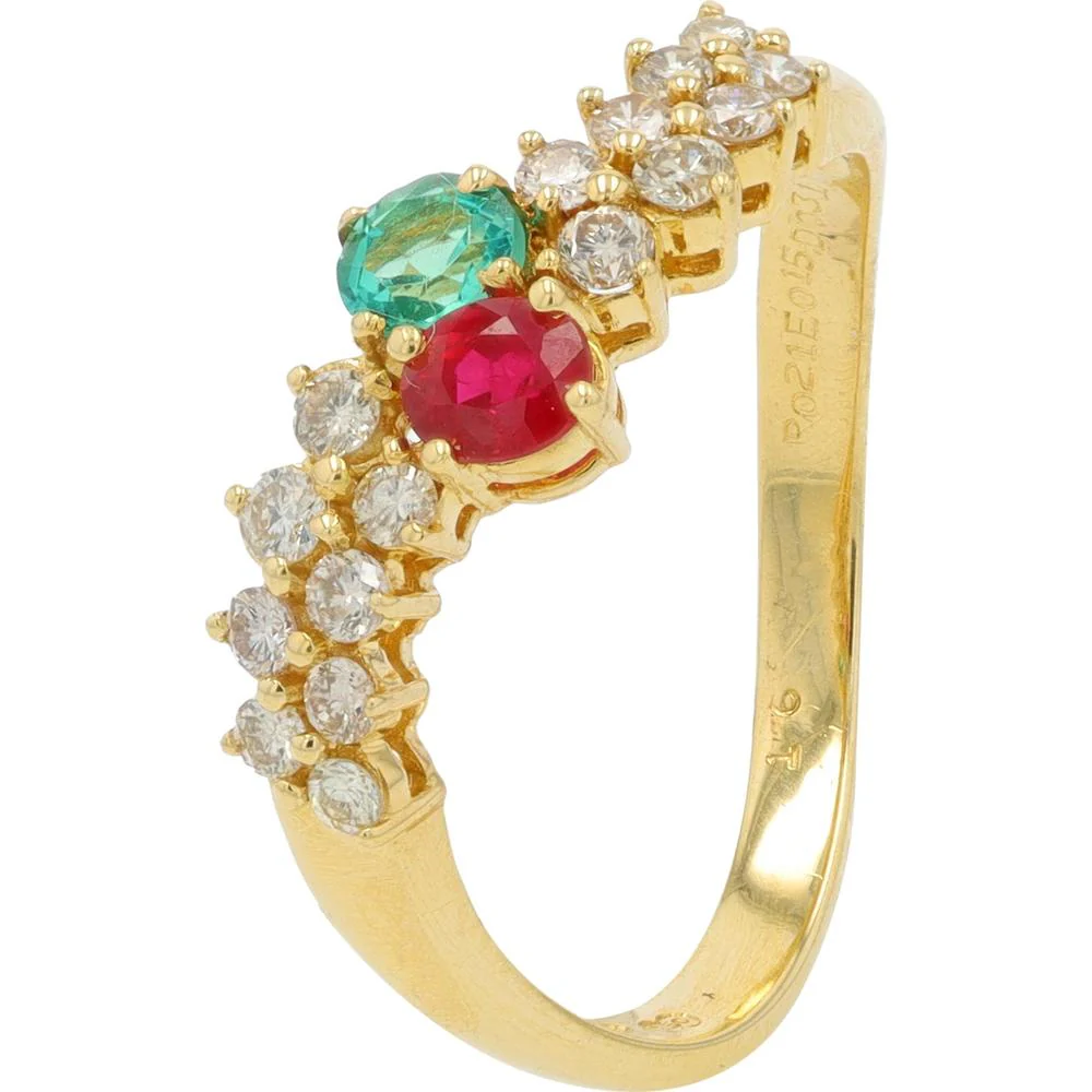 18K Yellow Gold Bypass Ring with Ruby, Emerald, and 0.31 Carat Diamonds - Multi Stone Design