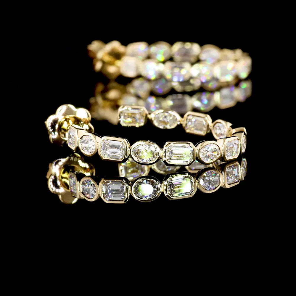 18K Yellow Gold C-Hoop Earrings with Alternating Bezel-Set Emerald Cut and Oval Cut Lab Diamonds - 3.83 Carat Total Diamond Weight - Covaloro Fine Jewelry