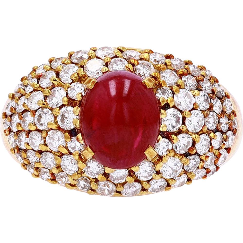 18K Yellow Gold Cabochon Ruby Ring with 1.17 Carat Total Round Diamond Halo - 2.29 Carat Ruby Center