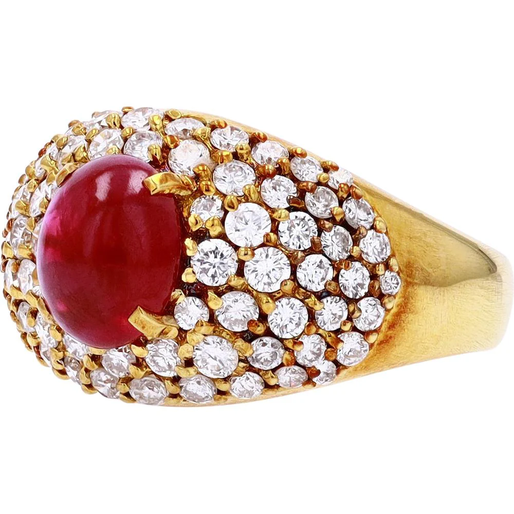 18K Yellow Gold Cabochon Ruby Ring with 1.17 Carat Total Round Diamond Halo - 2.29 Carat Ruby Center - Image 2