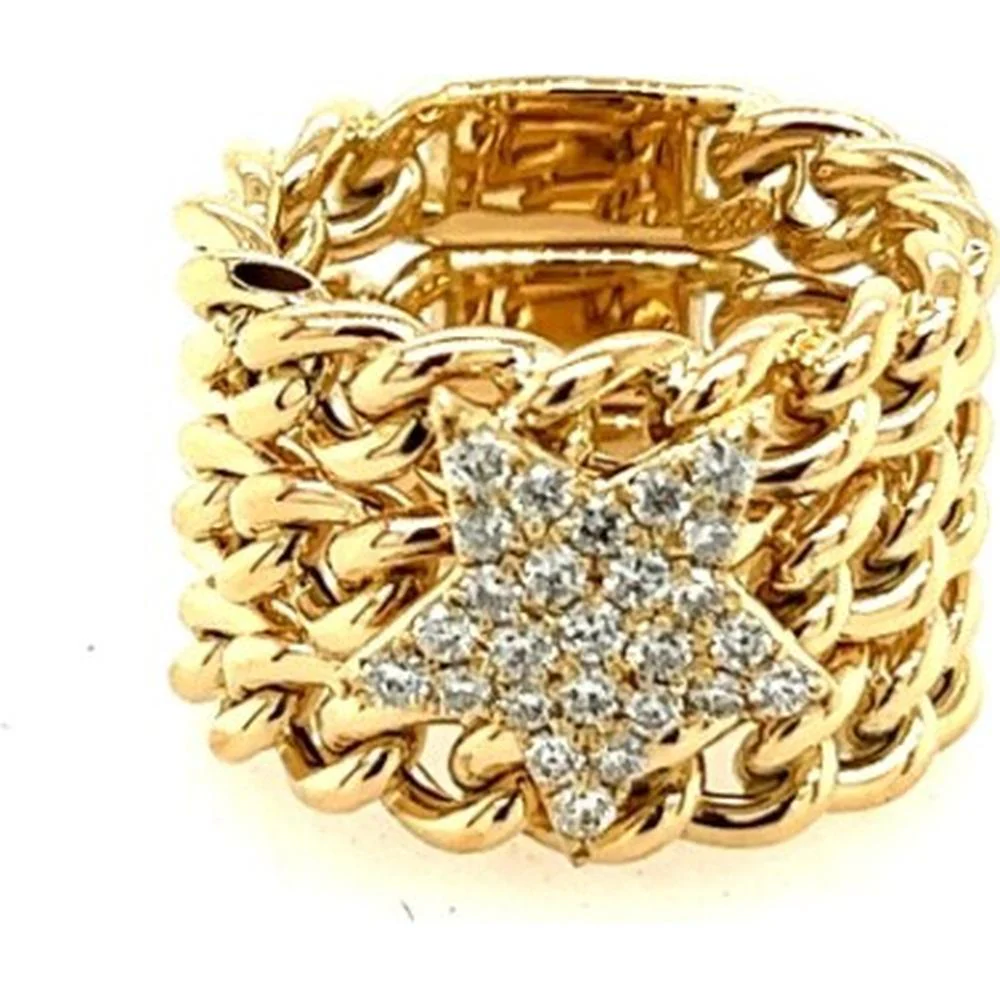 18K Yellow Gold Chain Link Ring with Diamond Motif Center by Afarin