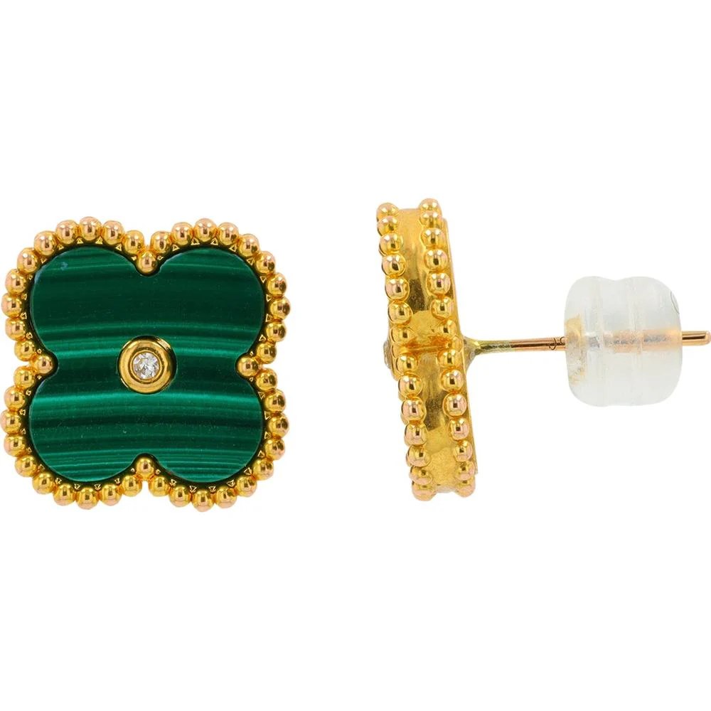 18K Yellow Gold Clover Earrings with Malachite and Center Diamond Accents - Fine Jewelry - Image 2
