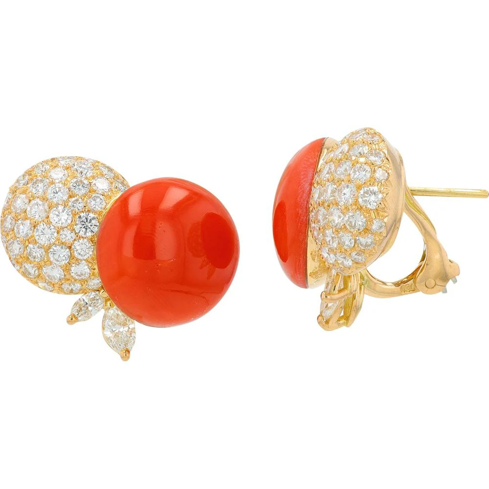 18K Yellow Gold Coral Earrings with 16.94 Carats Coral and 2.39 Carats Pavé Diamonds - Image 2