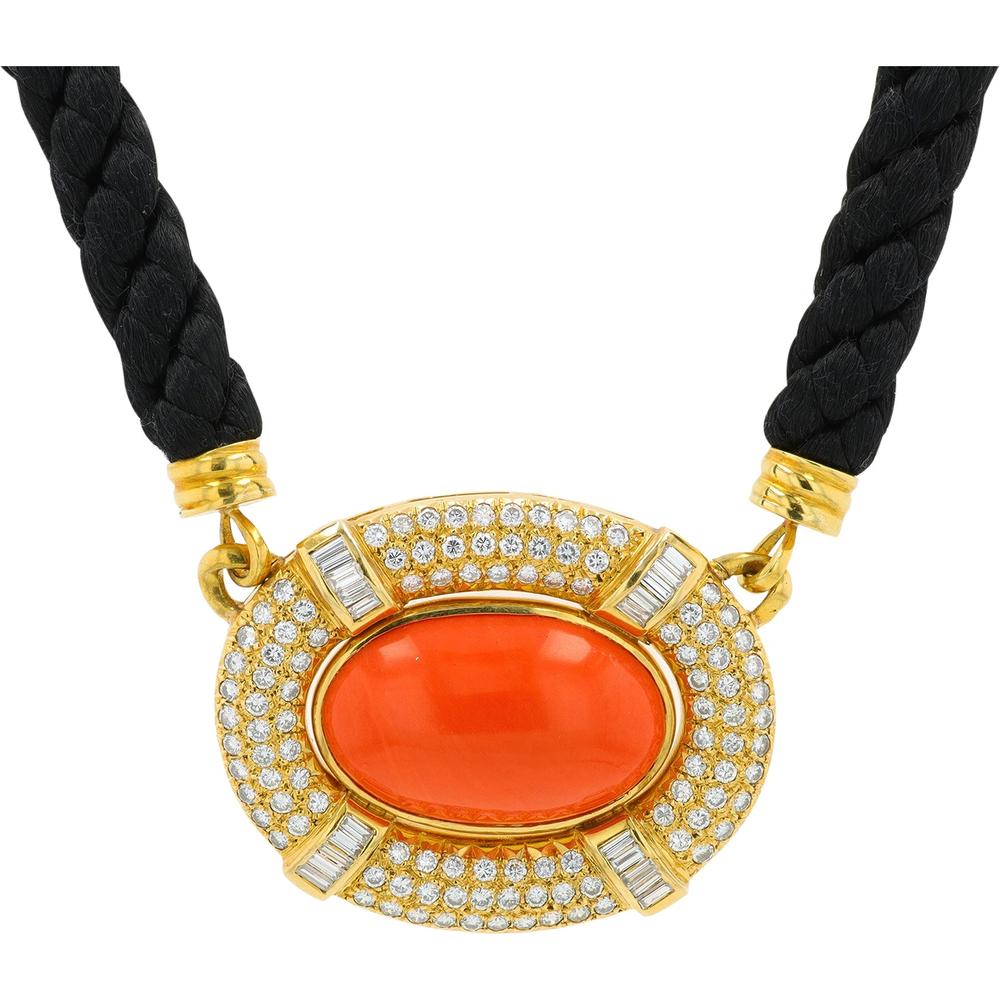 18K Yellow Gold Coral Necklace with 29.73 Carat Oval Coral and 5.50 Carat Total Diamond Halo