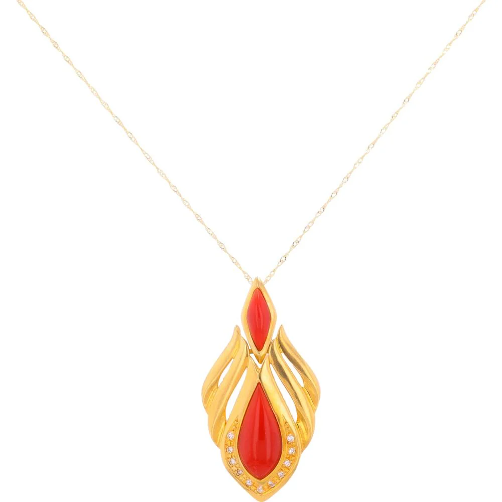 18K Yellow Gold Coral Pendant with 0.13 Carat Diamond Accents on 18 - Inch Chain