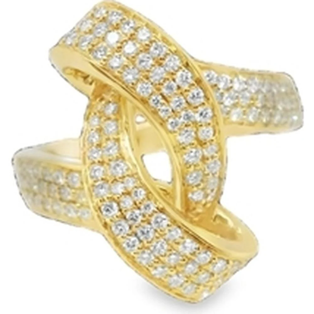 18K Yellow Gold Crisscross Diamond Ring with Pavé Set Round Diamonds by Afarin