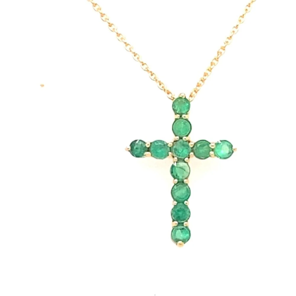 18K Yellow Gold Cross Pendant Necklace with Round Emeralds by Afarin