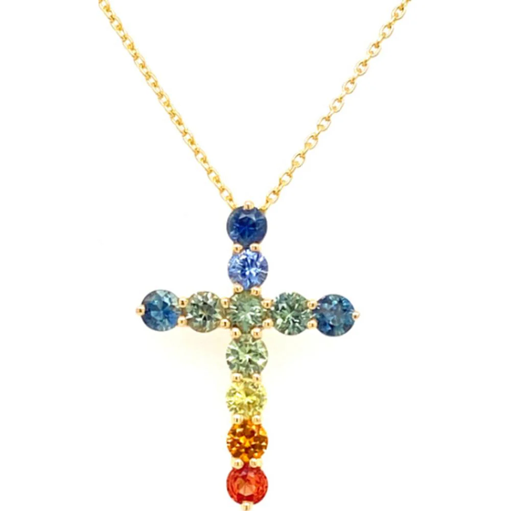 18K Yellow Gold Cross Pendant Necklace with Round Multi-Color Sapphires by Afarin