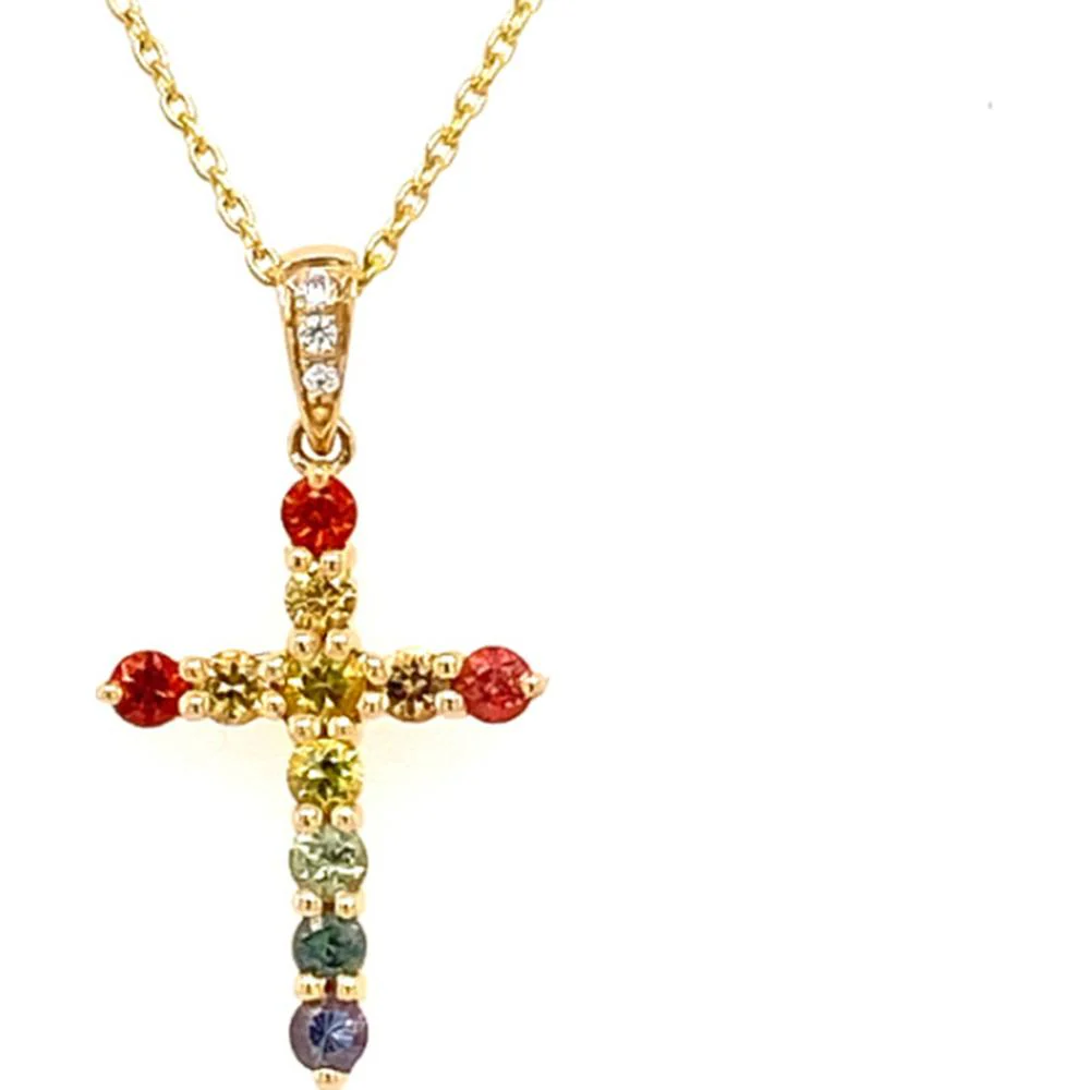18K Yellow Gold Cross Pendant Necklace with Round Multicolor Sapphires and Diamond Accent Bail by Afarin