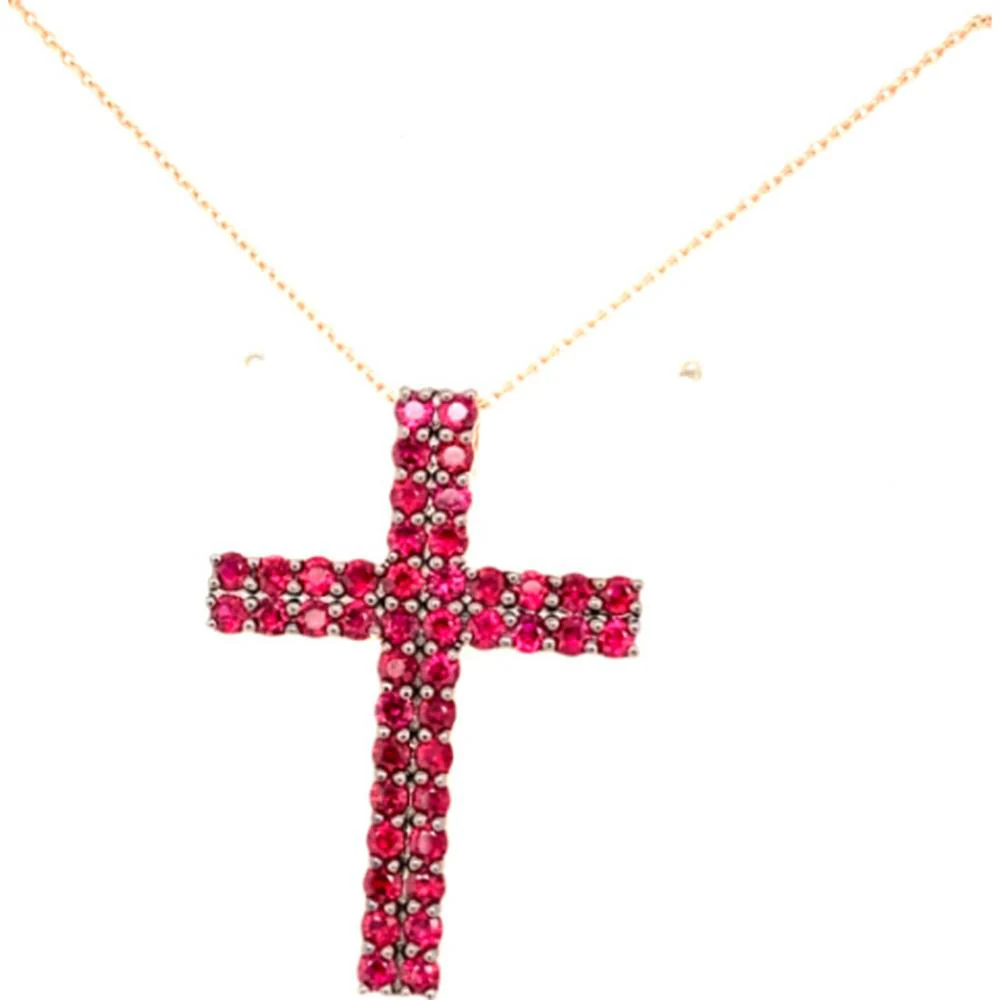 18K Yellow Gold Cross Pendant Necklace with Round Rubies by Afarin