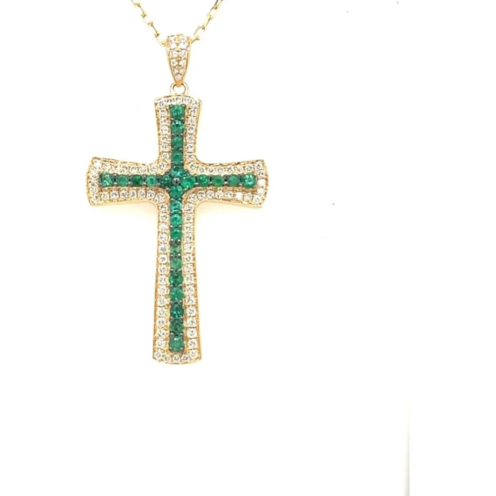 18K Yellow Gold Cross Pendant with Center Emeralds and Diamond Frame by Afarin