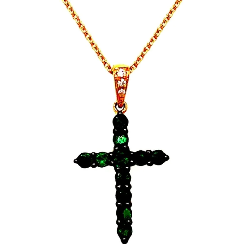 18K Yellow Gold Cross Pendant with Emeralds and Diamond Accent Bail by Afarin