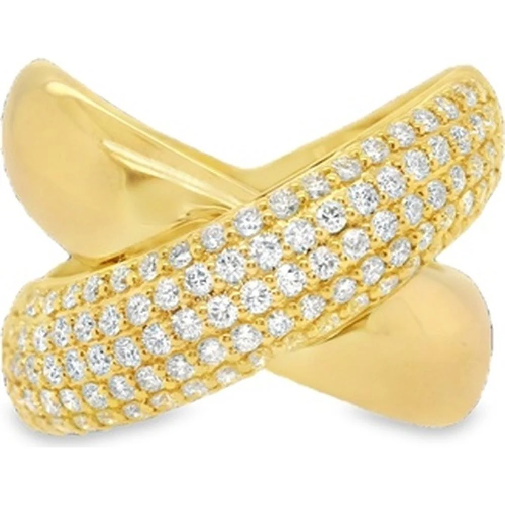 18K Yellow Gold Crossover Ring with Pavé Set Round Diamonds by Afarin