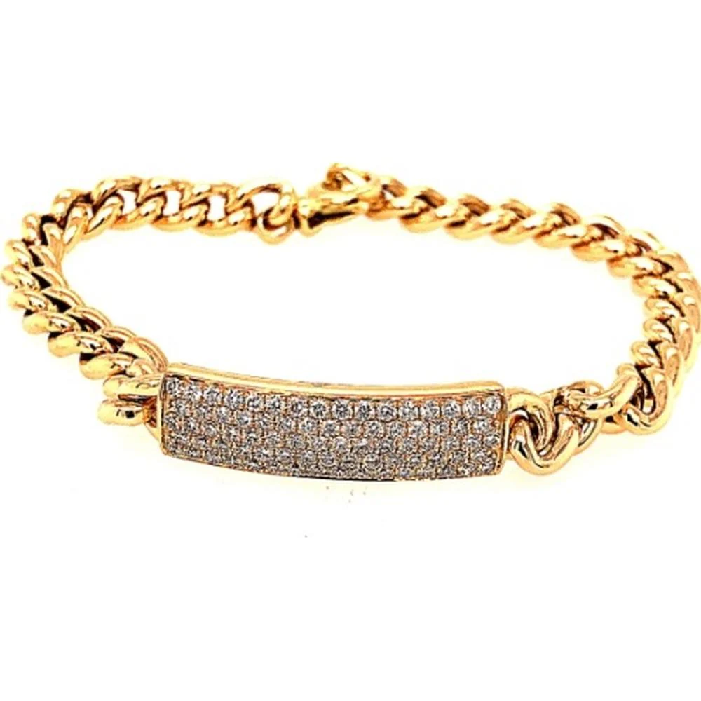 18K Yellow Gold Curb Link Bracelet with Pavé Diamond Bar Center by Afarin
