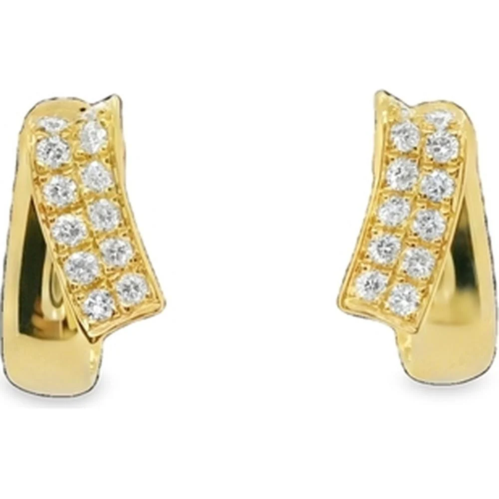 18K Yellow Gold Curved Huggie Earrings with Pavé Set Round Diamonds by Afarin