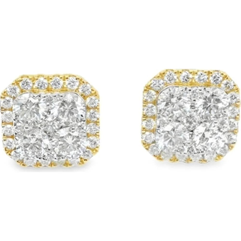 18K Yellow Gold Cushion Halo Diamond Stud Earrings by Afarin