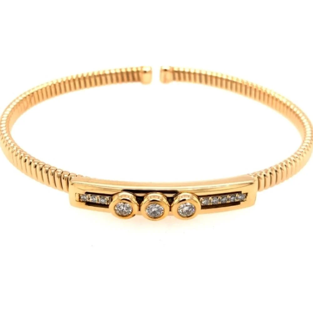 18K Yellow Gold Diamond Bangle Bracelet with Round and Bar-Set Diamonds by Afarin