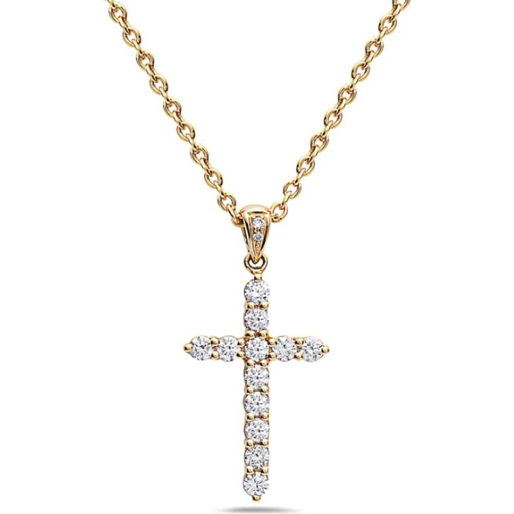 18K Yellow Gold Diamond Cross Pendant Necklace with Prong-Set Round Diamonds by Afarin
