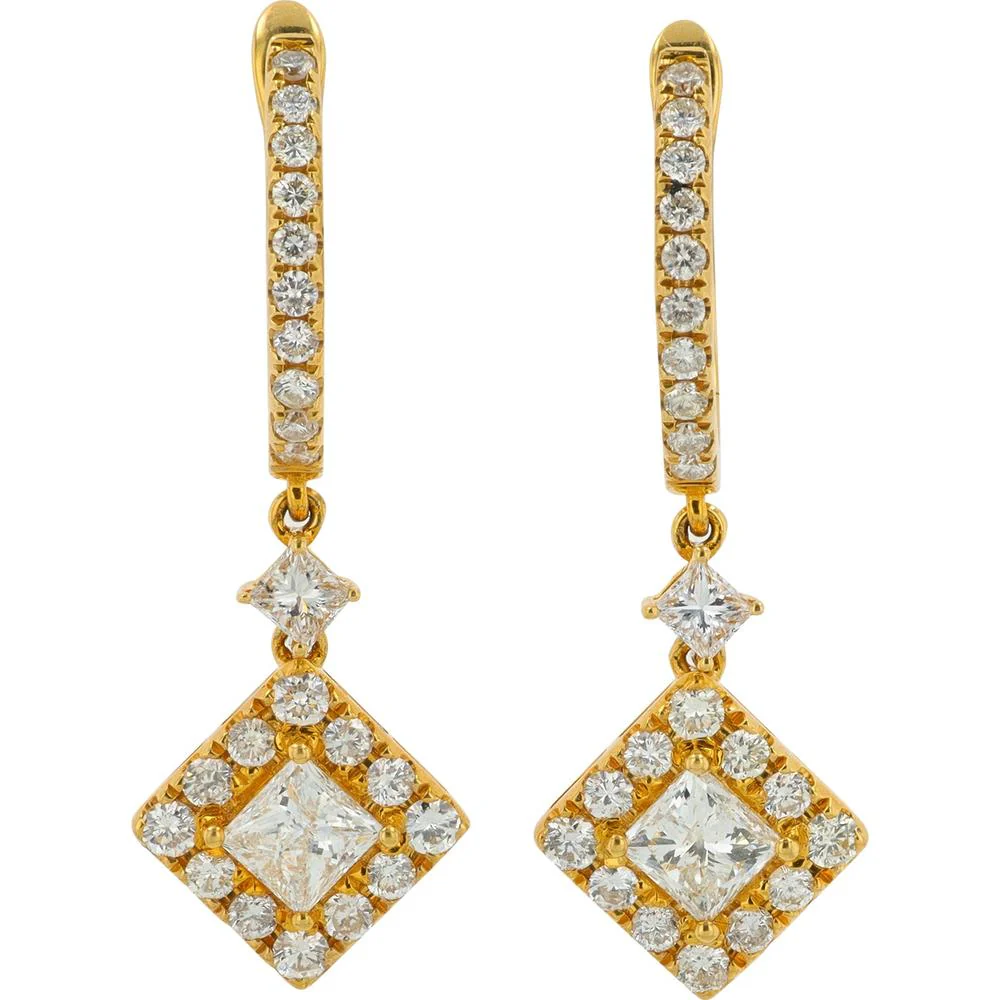 18K Yellow Gold Diamond Dangle Earrings with 2.10 Carat Total Diamond Weight - Princess Cut and Round Diamonds