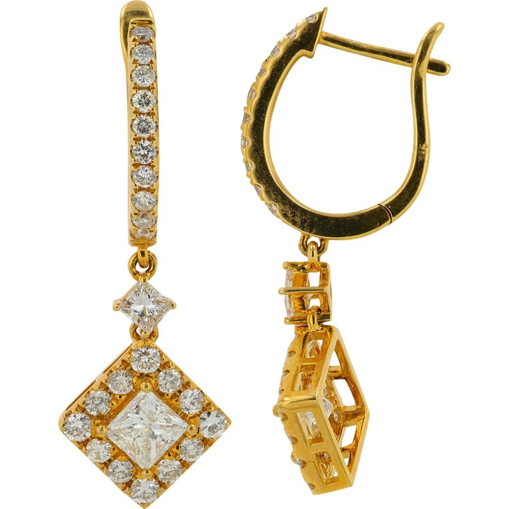 18K Yellow Gold Diamond Dangle Earrings with 2.10 Carat Total Diamond Weight - Princess Cut and Round Diamonds - Image 2