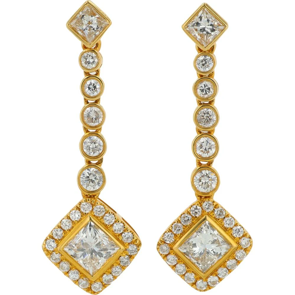 18K Yellow Gold Diamond Dangle Earrings with Princess Cut & Round Diamonds - 2.57 Carat Total Diamond Weight