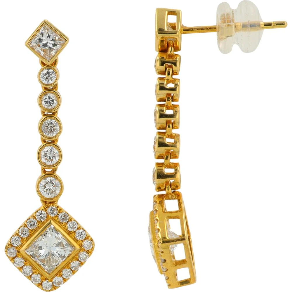 18K Yellow Gold Diamond Dangle Earrings with Princess Cut & Round Diamonds - 2.57 Carat Total Diamond Weight - Image 2