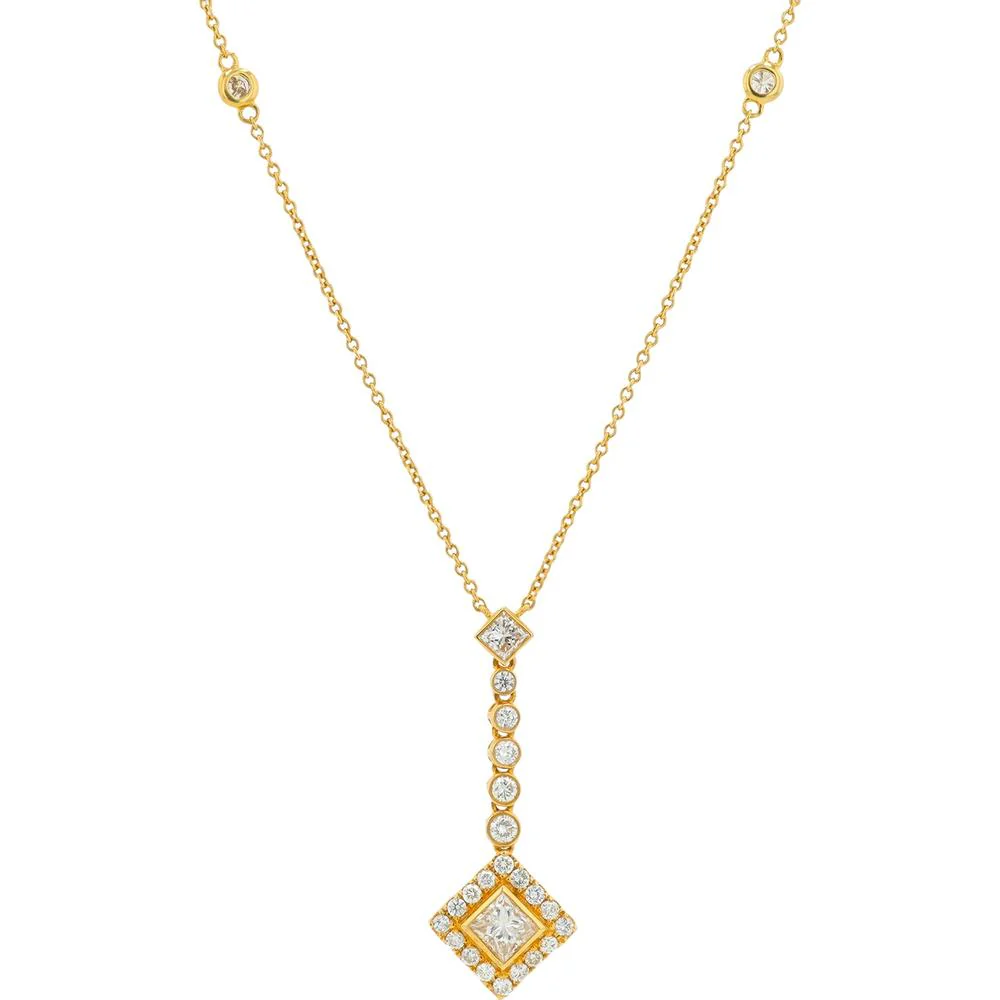 18K Yellow Gold Diamond Pendant Necklace with 1.00 Carat Princess Cut Center and 2.04 Carat Total Diamond Weight