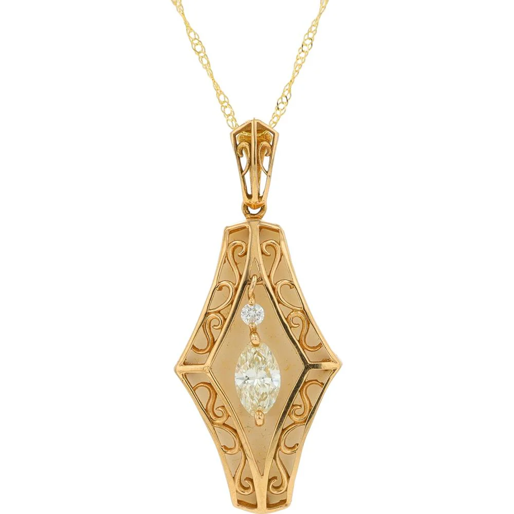 18K Yellow Gold Diamond Pendant with 0.36 Carat Marquise Diamond and Round Diamond Accent - 0.39 Carat Total Diamond Weight