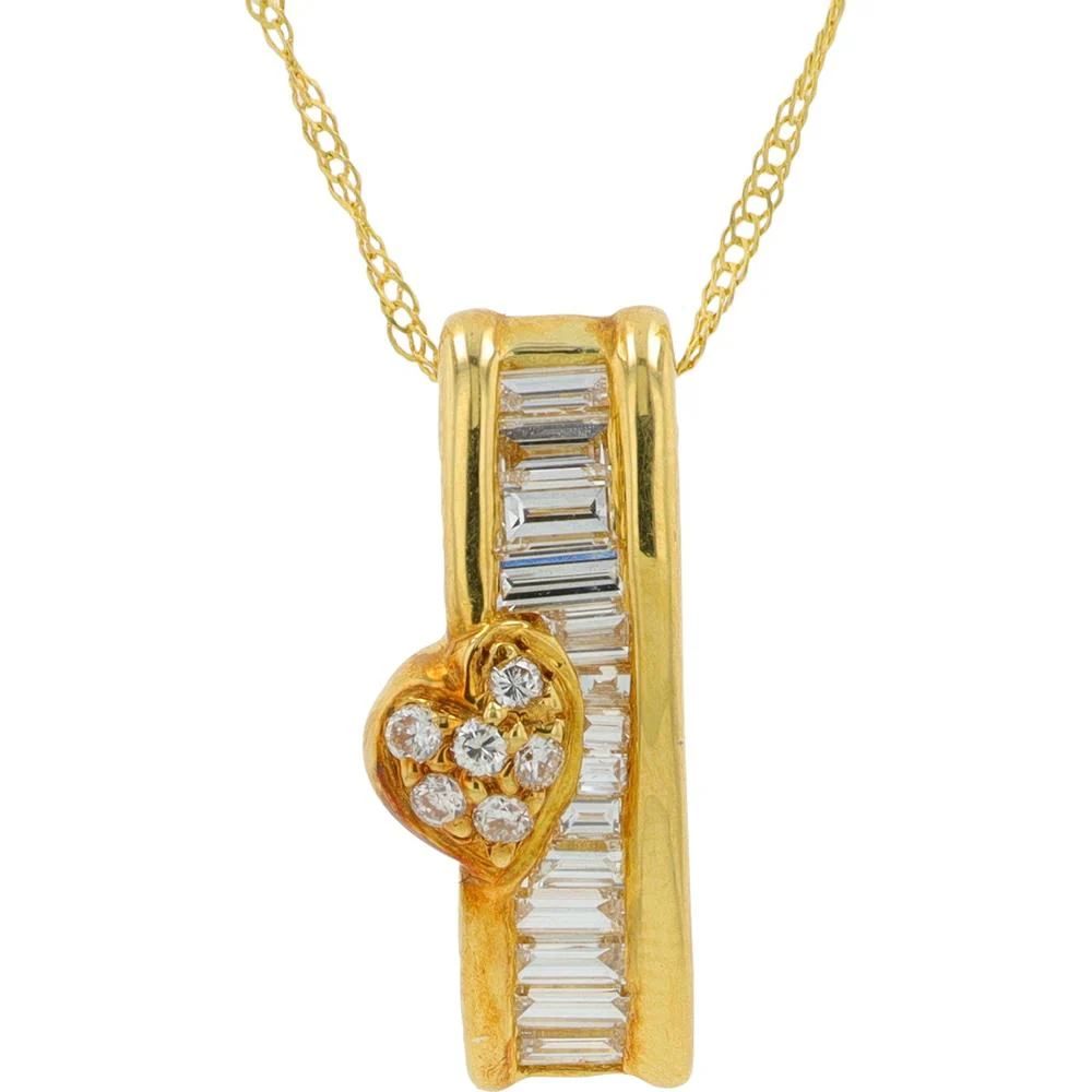 18K Yellow Gold Diamond Pendant with Baguette and Heart - Shaped Diamonds - 0.51 Carat Total Diamond Weight