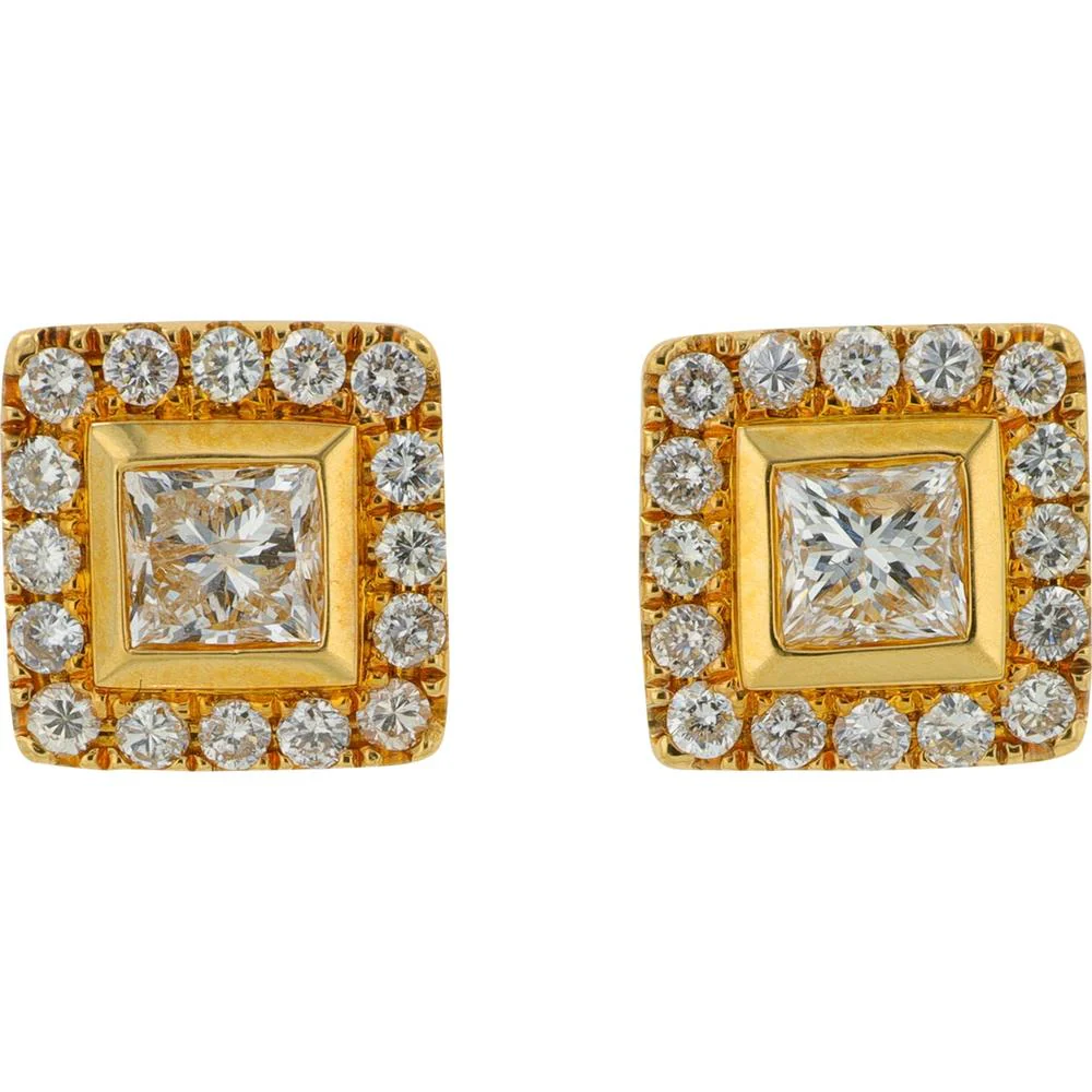 18K Yellow Gold Diamond Princess Cut Halo Stud Earrings - 1.35 Carat Total Diamond Weight