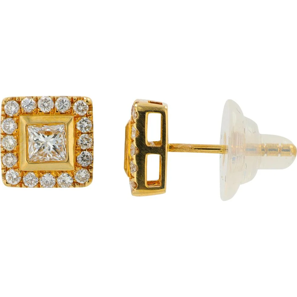 18K Yellow Gold Diamond Princess Cut Halo Stud Earrings - 1.35 Carat Total Diamond Weight - Image 2