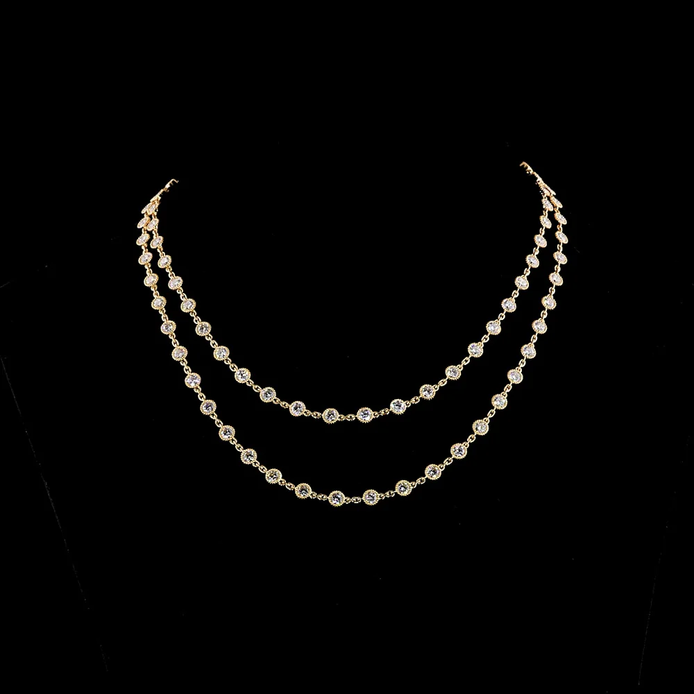 18K Yellow Gold Double Strand Station Necklace with Bezel Set Round Lab Diamonds - 14.06 Carats Total Diamond Weight, E-F Color VS2 Clarity - Covaloro Fine Jewelry