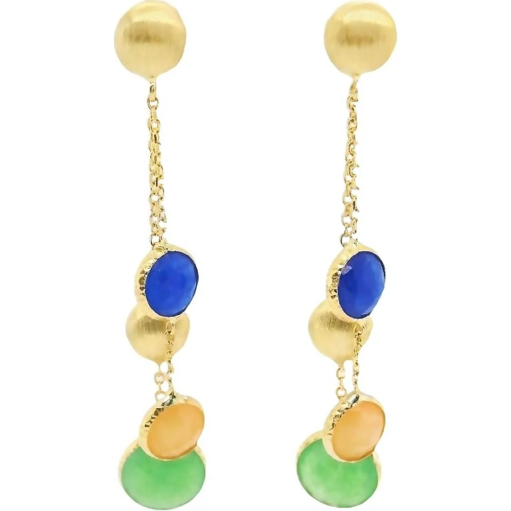 18K Yellow Gold Drop Earrings with Blue, Green, and Golden Cabochon Semi-Precious Gemstones by Afarin