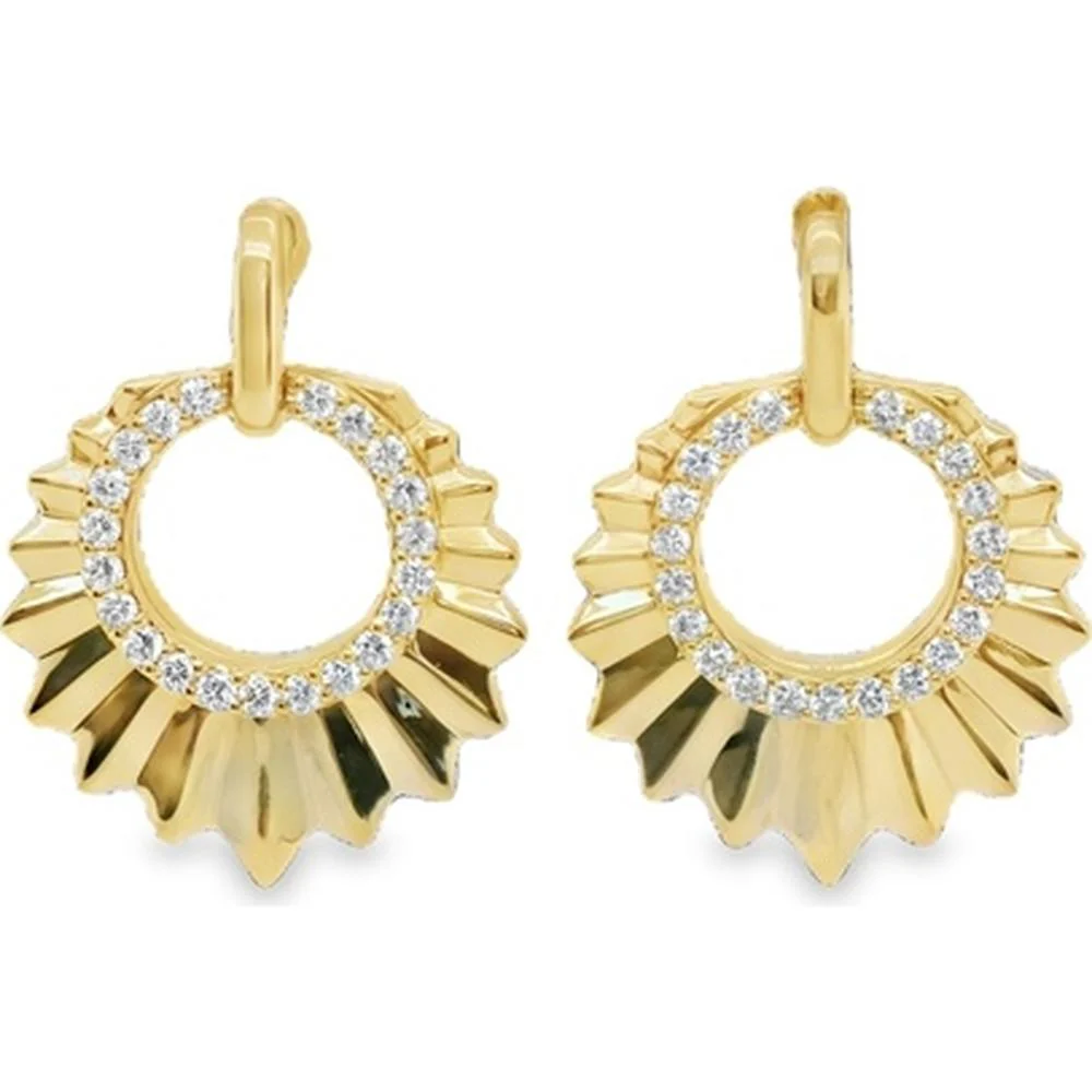 18K Yellow Gold Drop Earrings with Round Diamond Halo Motif by Afarin