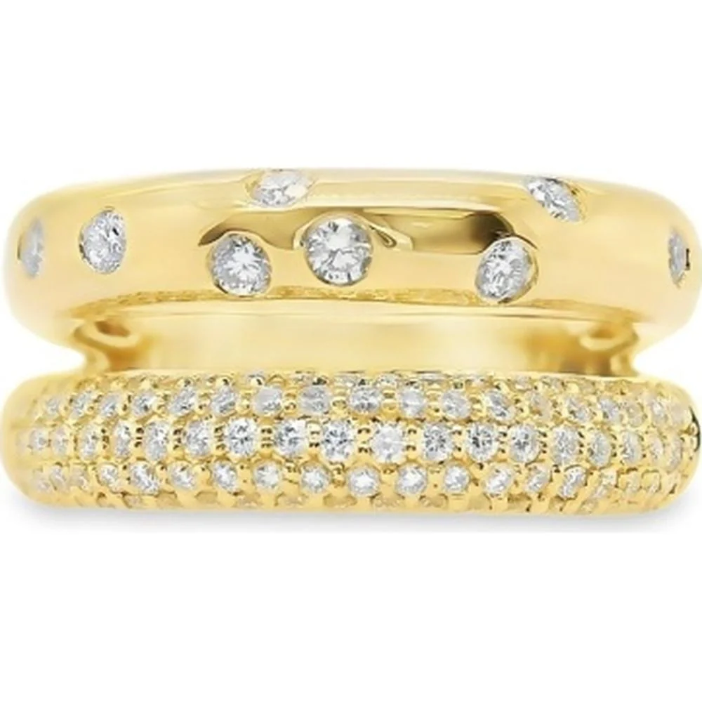 18K Yellow Gold Dual Band Ring with Bezel and Pavé Set Round Diamonds by Afarin