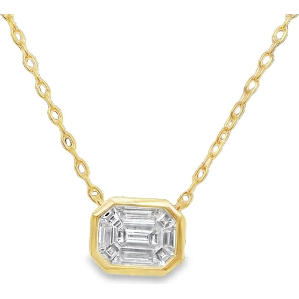 18K Yellow Gold East-West Bezel Set Emerald Cut Diamond Pendant Necklace by Afarin