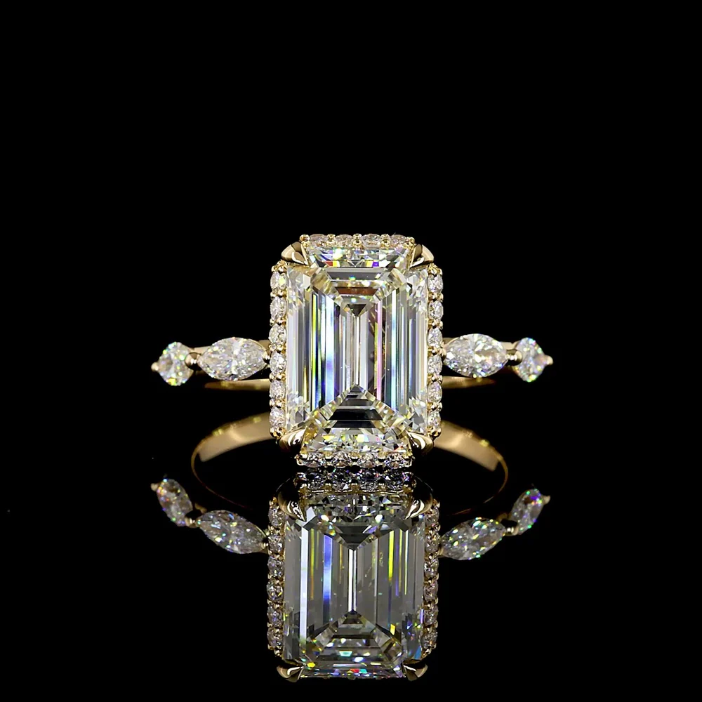 18K Yellow Gold Emerald Cut Lab Diamond Solitaire Ring with Marquise and Round Halo Accents - 3.63 Carat Total Diamond Weight - Covaloro Fine Jewelry