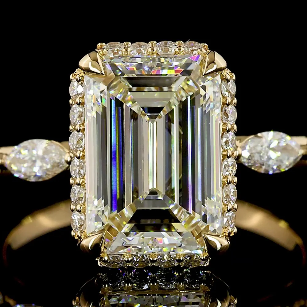 18K Yellow Gold Emerald Cut Lab Diamond Solitaire Ring with Marquise and Round Halo Accents - 3.63 Carat Total Diamond Weight - Covaloro Fine Jewelry - Image 2