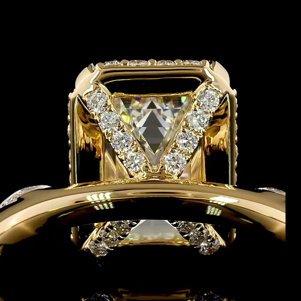 18K Yellow Gold Emerald Cut Lab Diamond Solitaire Ring with Marquise and Round Halo Accents - 3.63 Carat Total Diamond Weight - Covaloro Fine Jewelry - Image 3