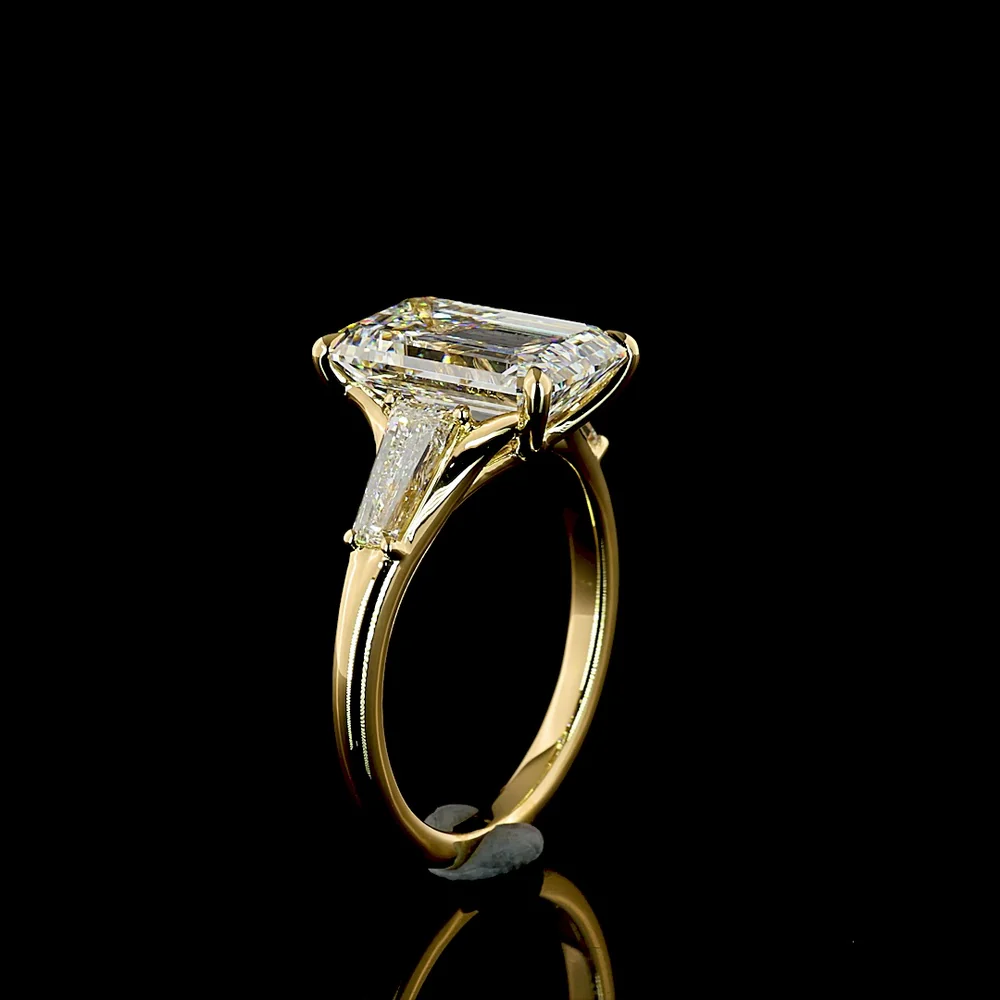 18K Yellow Gold Emerald Cut Three Stone Ring with Tapered Baguette Lab Diamonds - 4.77 Carats Total Diamond Weight - Covaloro Fine Jewelry - Image 4