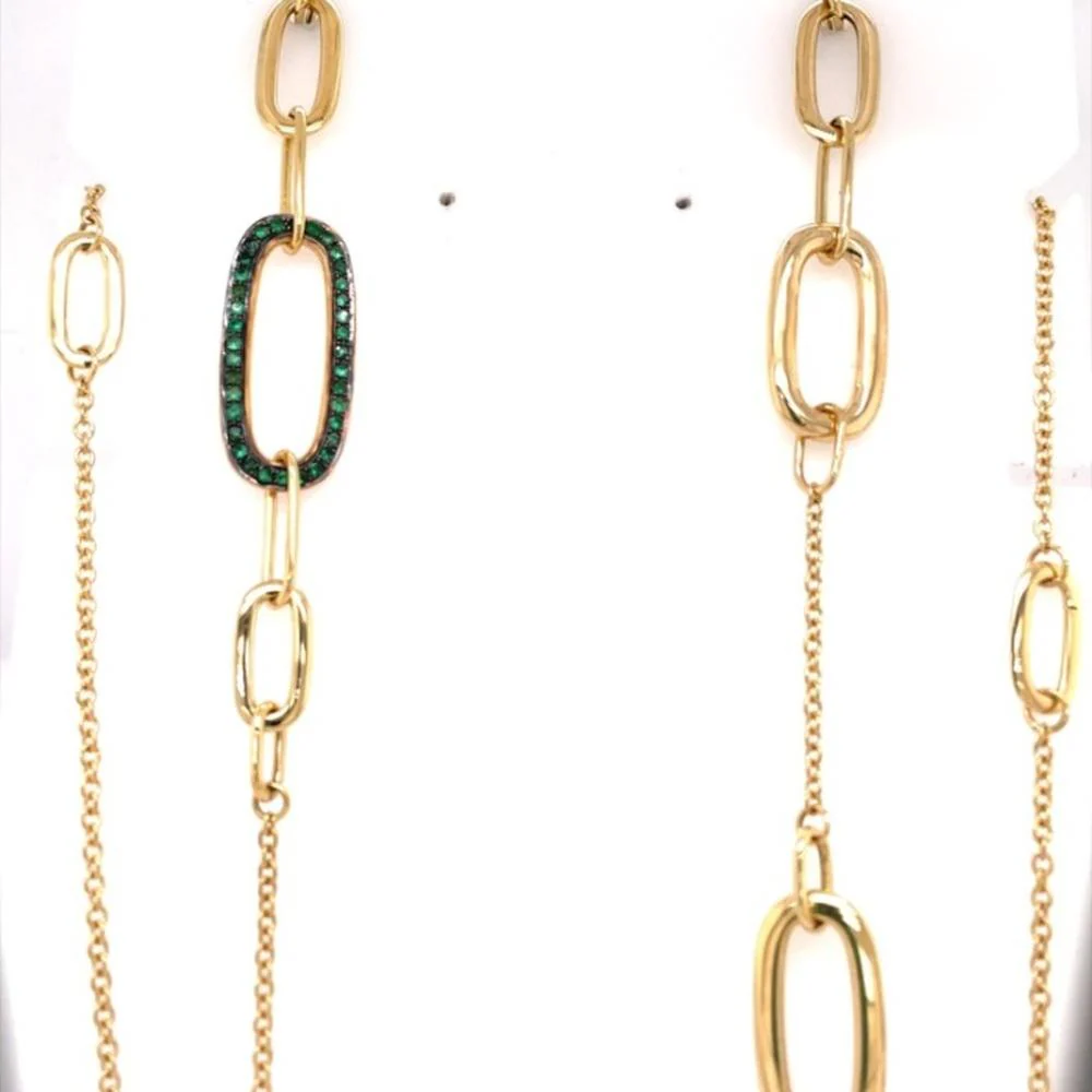 18K Yellow Gold Fancy Link Necklace with Emerald and Diamond Accents by Afarin
