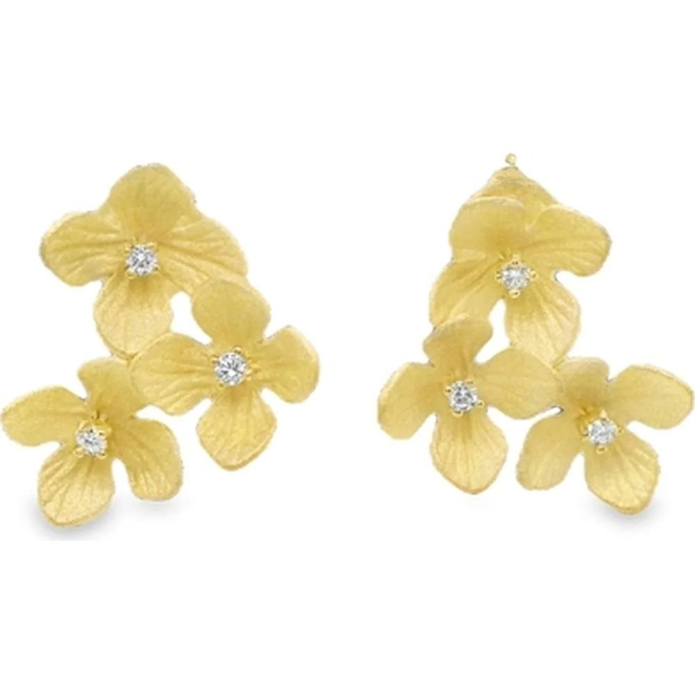 18K Yellow Gold Floral Diamond Earrings with Textured Petal Motif by Afarin