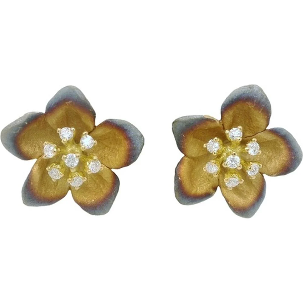 18K Yellow Gold Floral Diamond Stud Earrings by Afarin