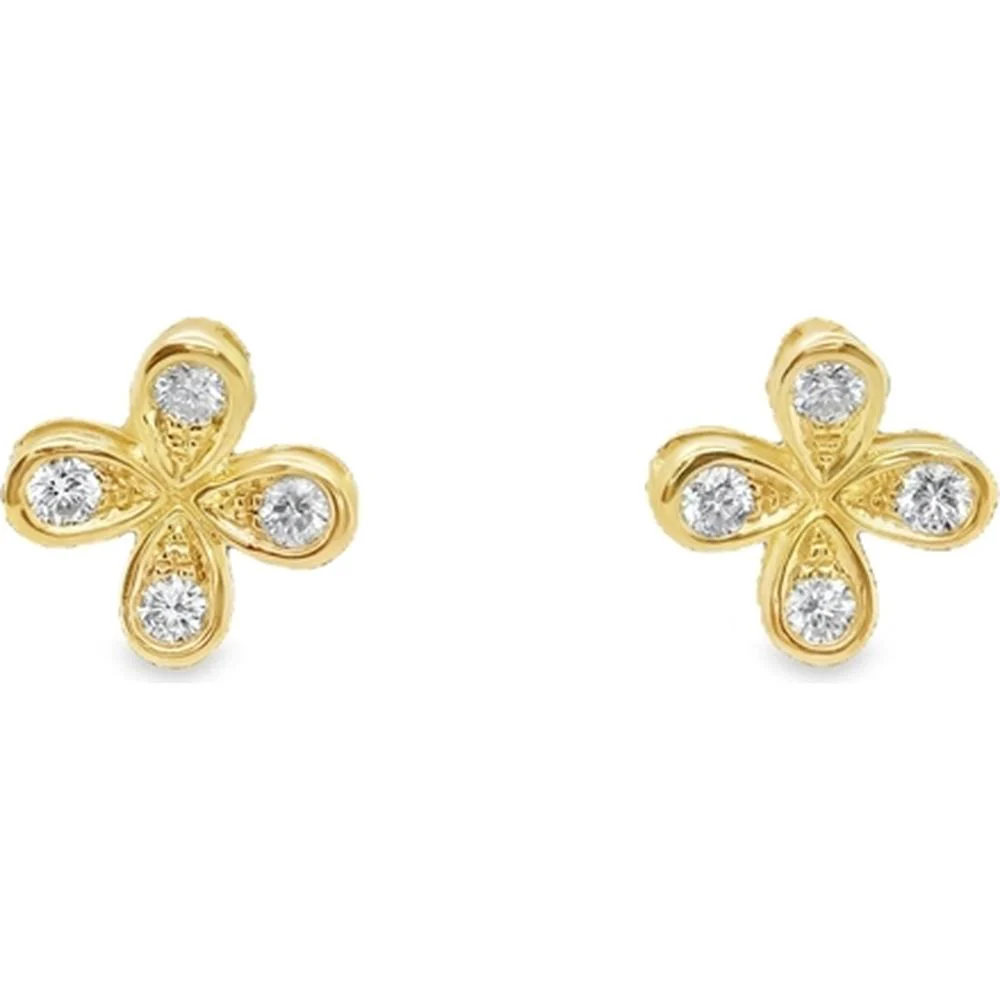 18K Yellow Gold Floral Diamond Stud Earrings by Afarin