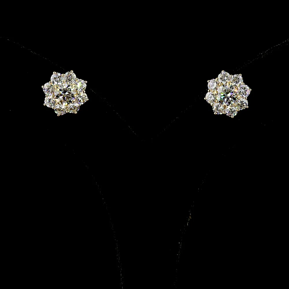 18K Yellow Gold Floral Halo Earrings with Round Lab Diamonds - 3.90 Carats Total Diamond Weight, E-F Color, VS Clarity - Covaloro Fine Jewelry