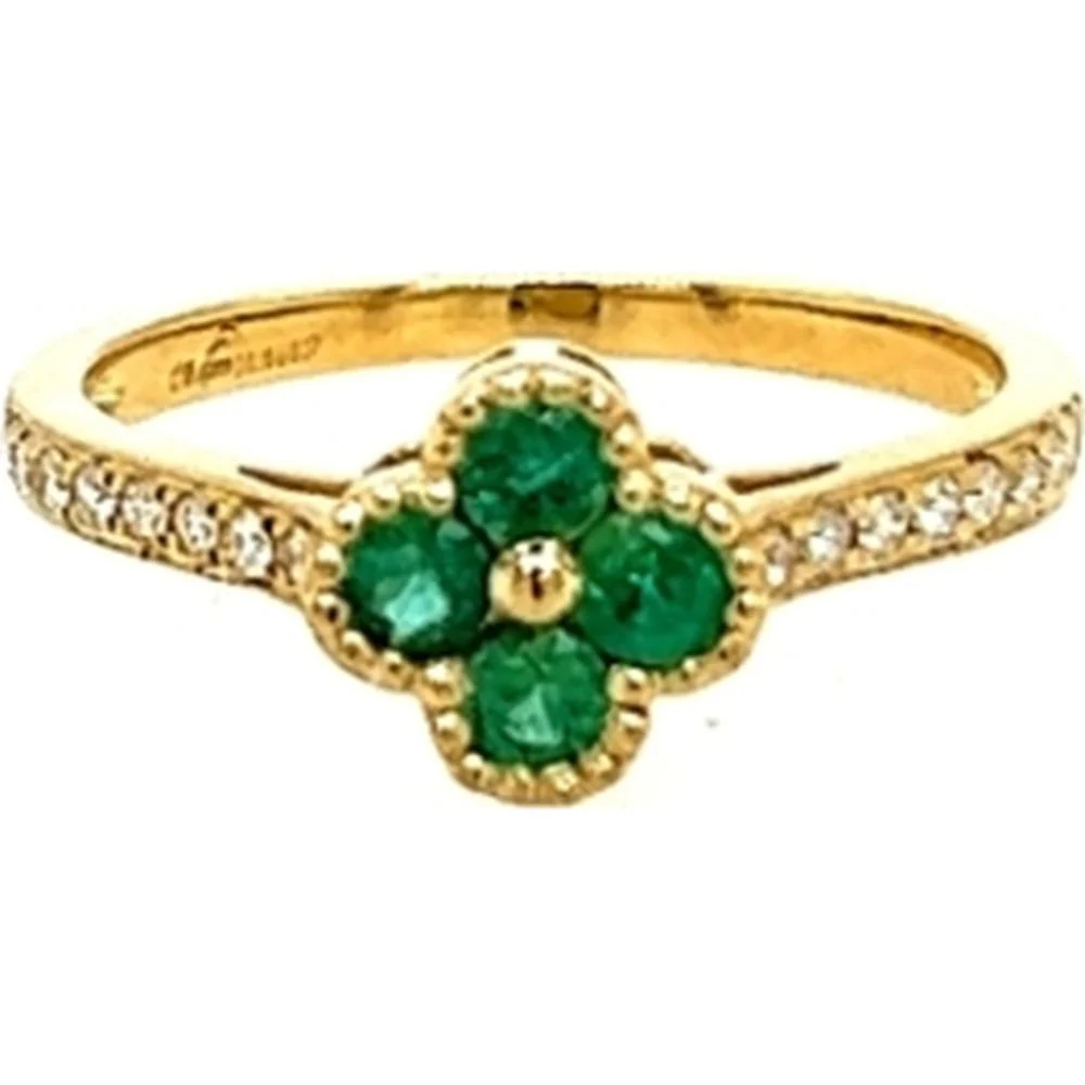 18K Yellow Gold Floral Motif Ring with Emerald Cluster and Diamond Accents by Afarin