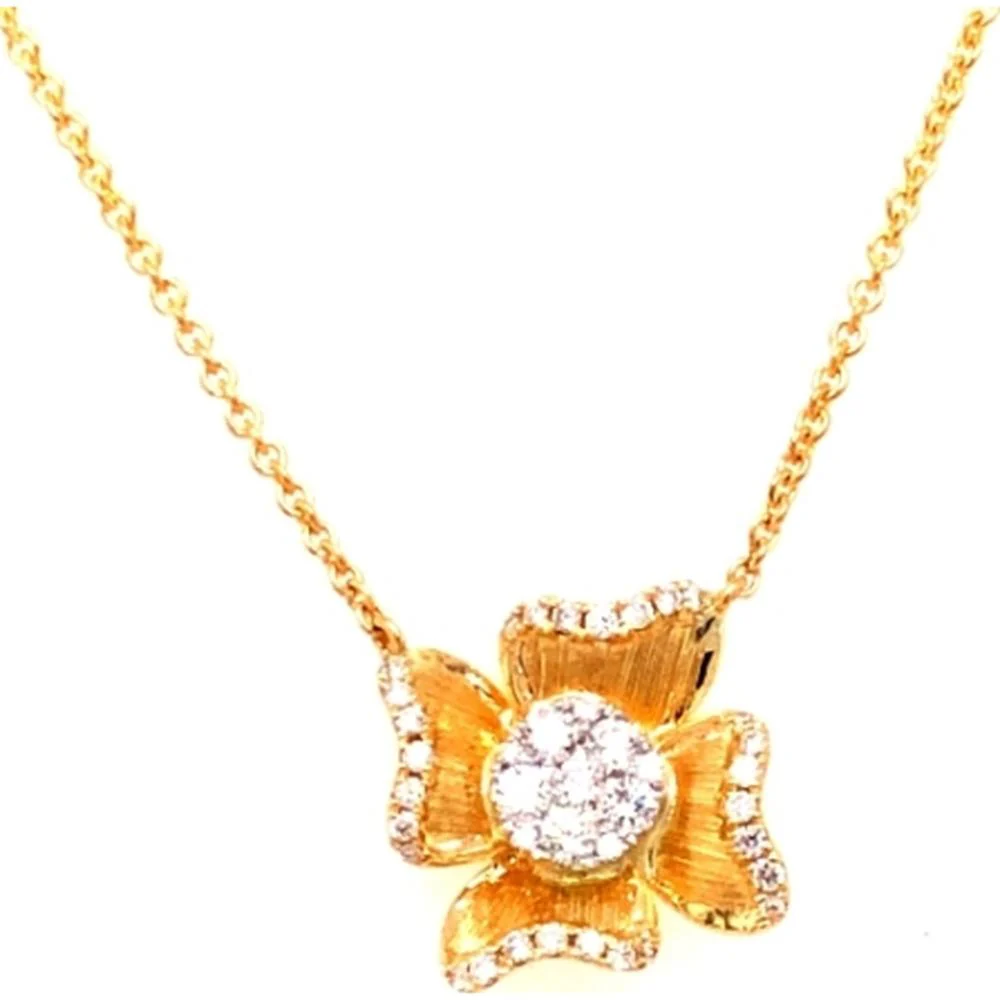 18K Yellow Gold Floral Pendant Necklace with Round Center Diamond and Diamond Accent Petals by Afarin