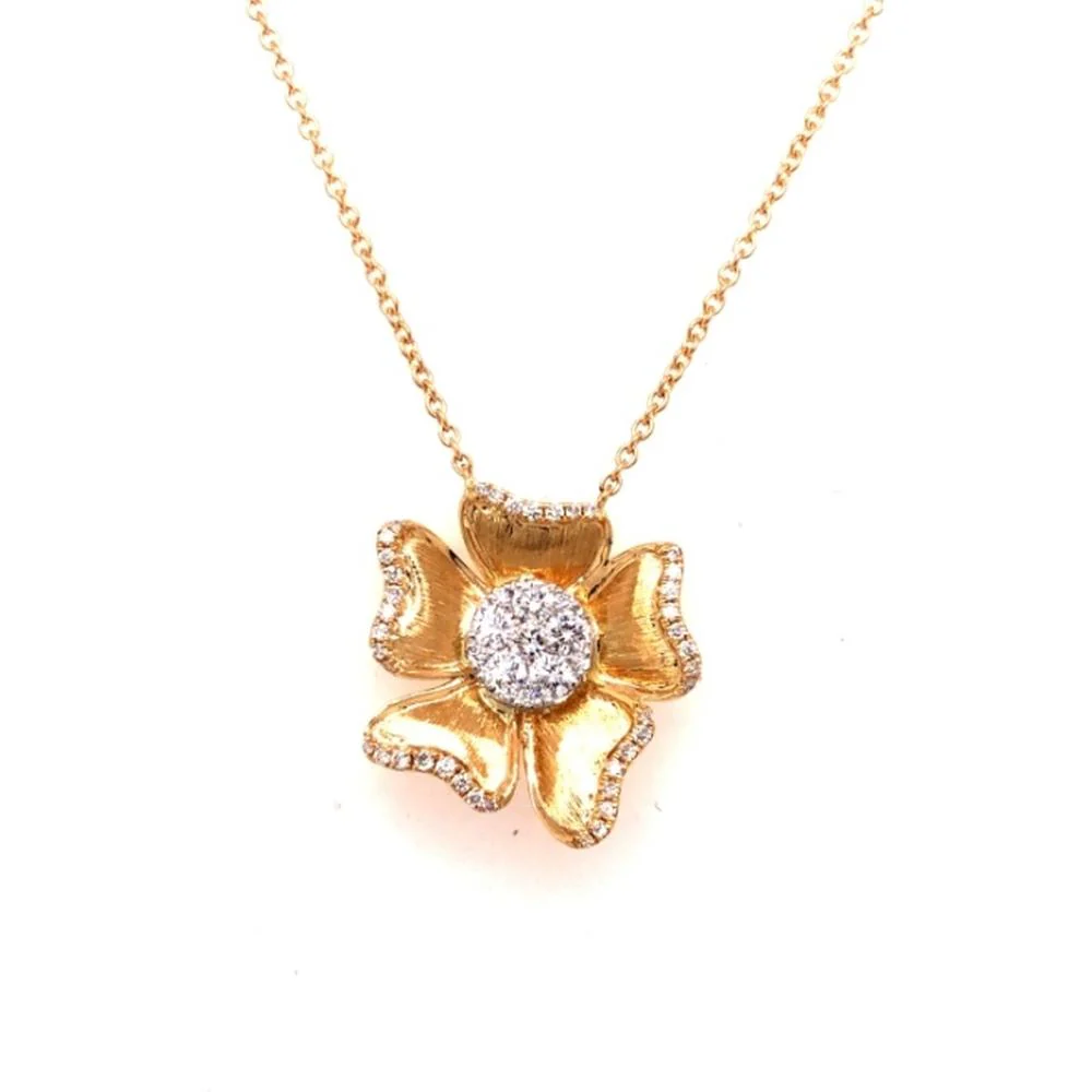 18K Yellow Gold Floral Pendant Necklace with Round Diamond Cluster and Diamond Accents by Afarin
